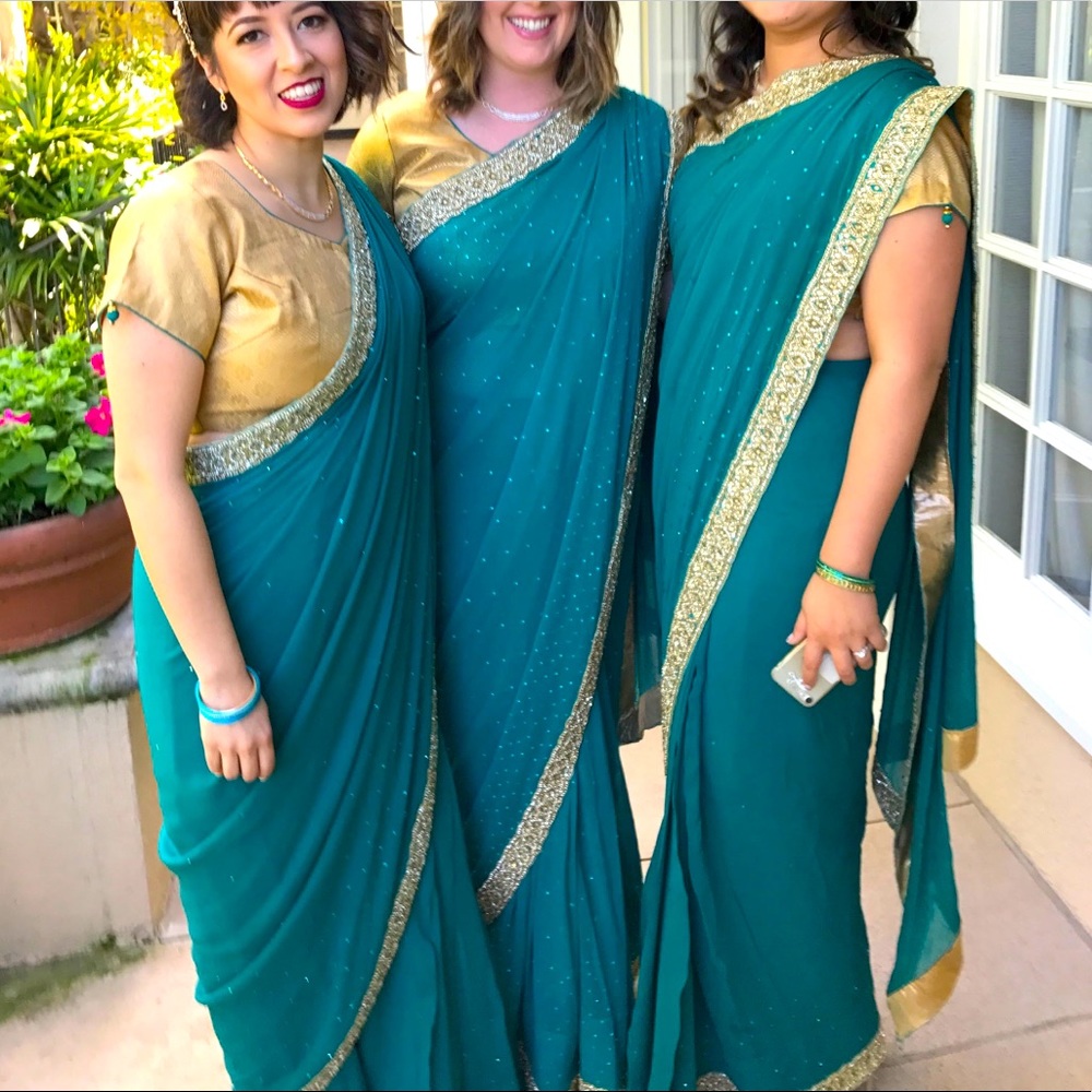 Turquoise and gold saree